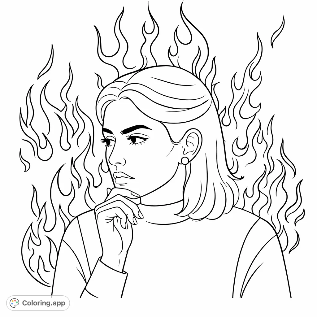 A thoughtful woman with stylized flame shapes in the background. Expressive art, perfect for exploring emotions and dramatic contrasts.