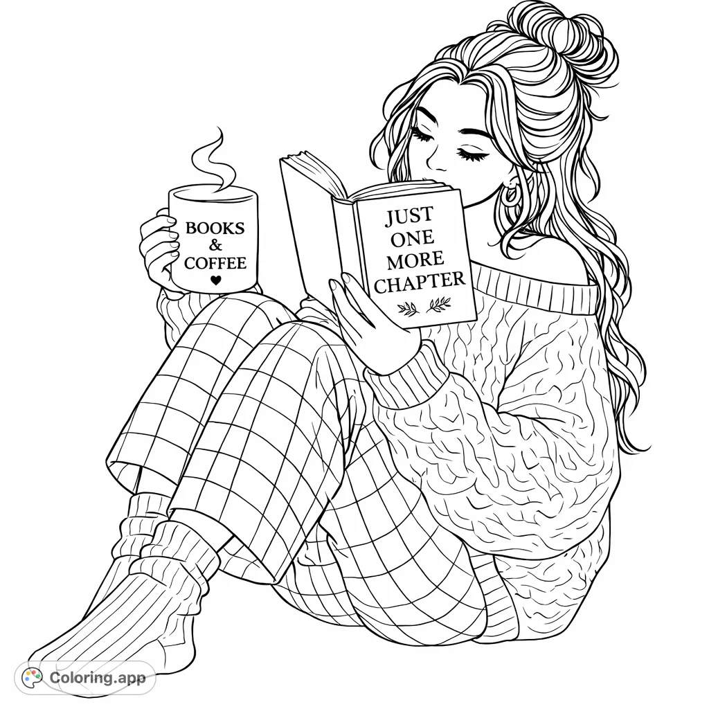 A relaxing scene of a person enjoying a book and a warm drink. Features comfy clothing, intricate patterns, and cozy vibes for a delightful coloring experience.