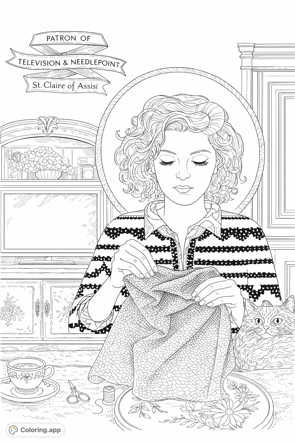 A serene crafter works on needlepoint, surrounded by a beloved feline companion and comforting details like tea and a decorative banner.