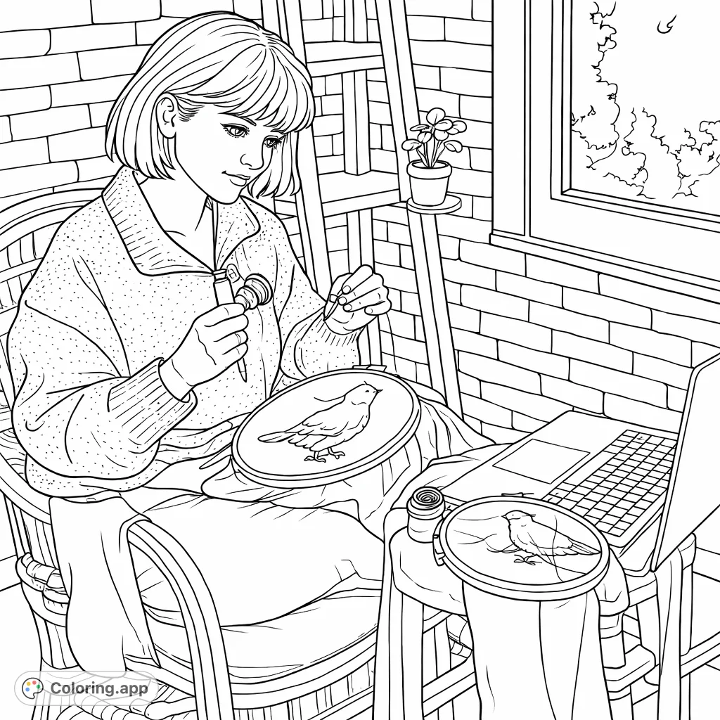 A relaxing craft scene with a person embroidering a design in a hoop, surrounded by creative tools. Perfect for art and craft enthusiasts.