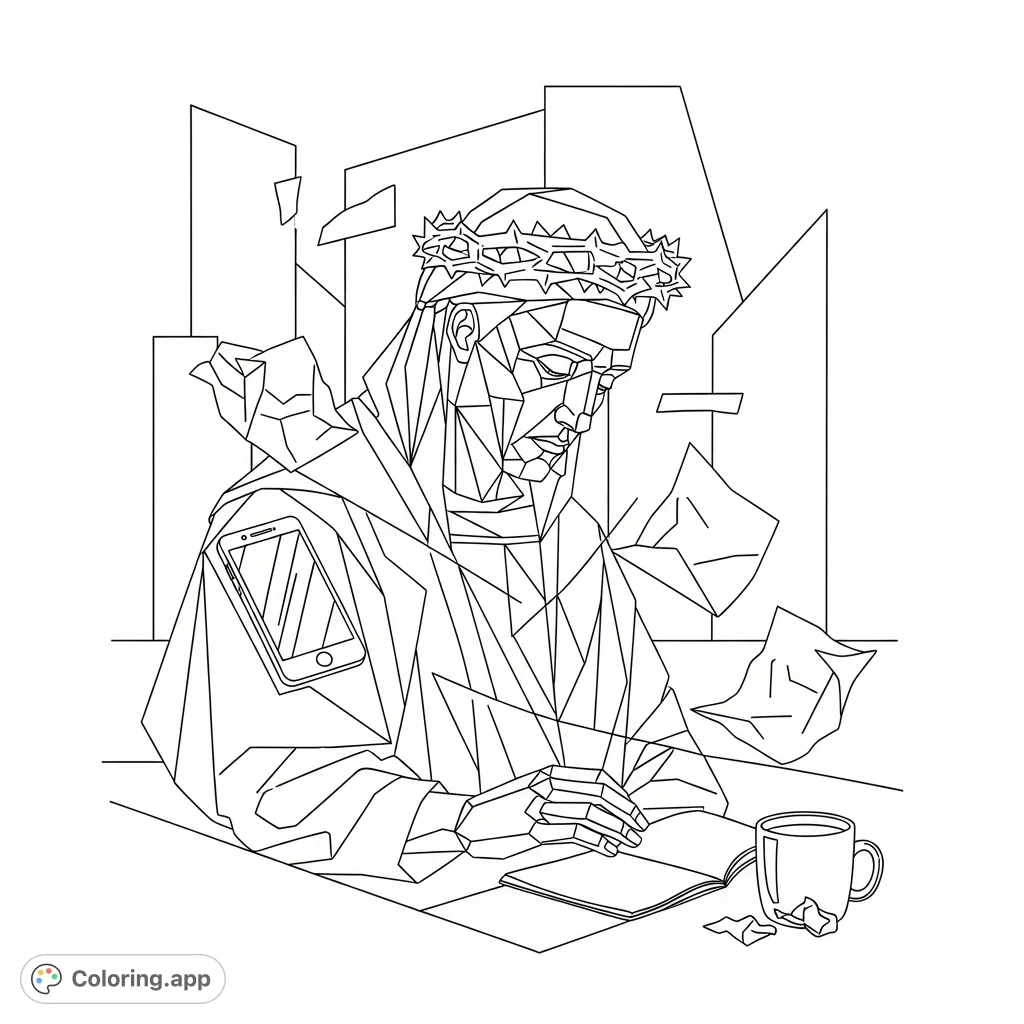 An intriguing cubist portrait of the patron saint of procrastination, featuring fragmented forms and modern symbols of delay from the waterline up. Perfect for reflective coloring.