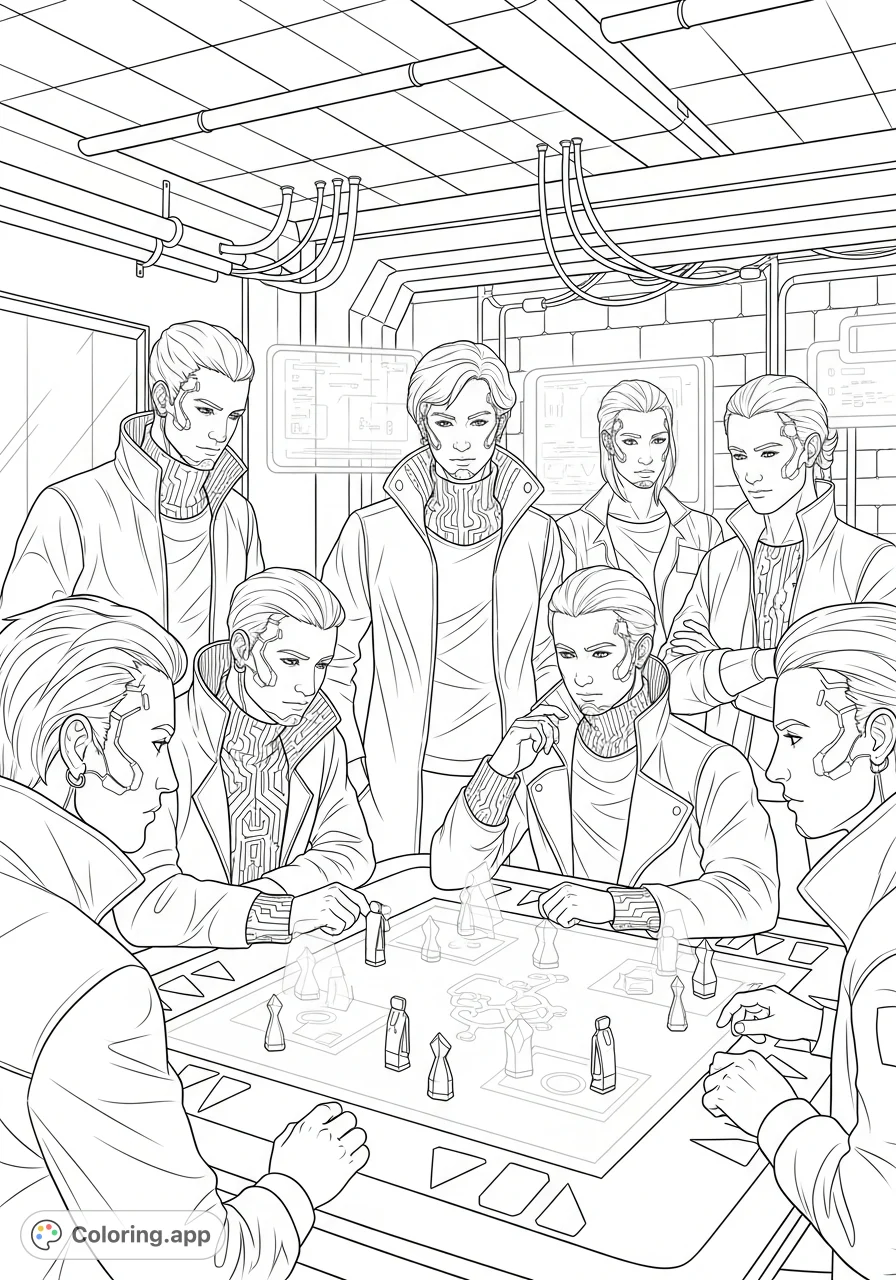 A futuristic cyberpunk scene featuring individuals with cybernetic enhancements playing an intricate holographic board game in a tech-filled setting. Immerse yourself!
