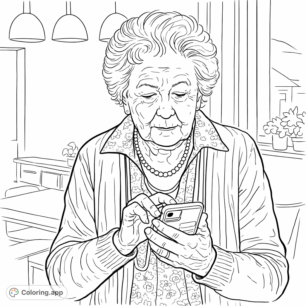 Engage in mindful coloring with this realistic portrait of an elderly woman focused on her smartphone, featuring intricate details and a serene expression.