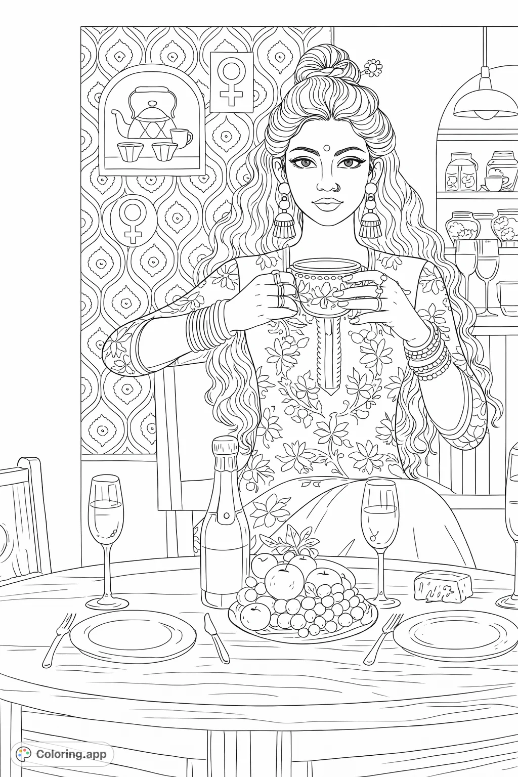 An elegant woman in traditional attire, adorned with jewelry, enjoys a warm drink at a beautifully set table. Features intricate patterns and details.
