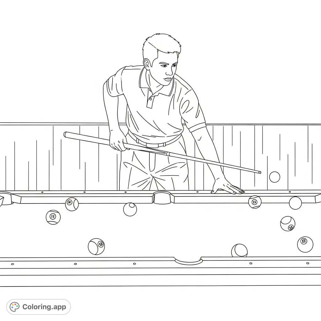 A focused Filipino man poised for a shot at a billiard table, offering an engaging scene for colorists to bring to life with personalized touches.
