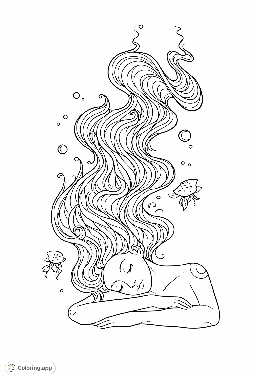 Dive into a serene underwater scene featuring a figure with dramatically flowing hair and whimsical fish. Perfect for relaxation and creative expression, offering intricate details to explore.