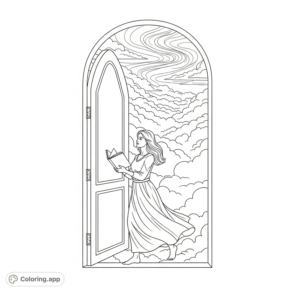 Step into a dream with this enchanting coloring page, depicting a woman venturing through a doorway into a mesmerizing cloudscape, book in hand.