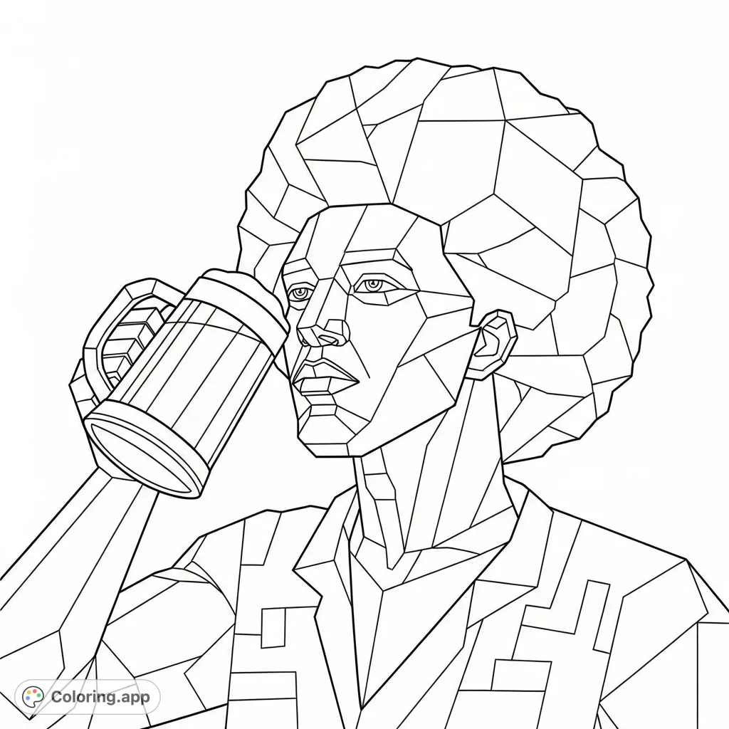 Explore unique shapes with this geometric man coloring page. Features a man with an Afro and beer stein, perfect for adults seeking abstract designs.