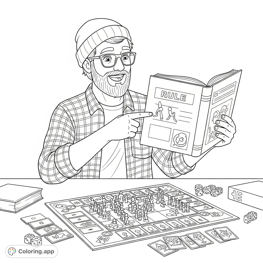 A happy hipster man, casually dressed, enthusiastically points to a board game rulebook, seated at a table with an intricate game setup.