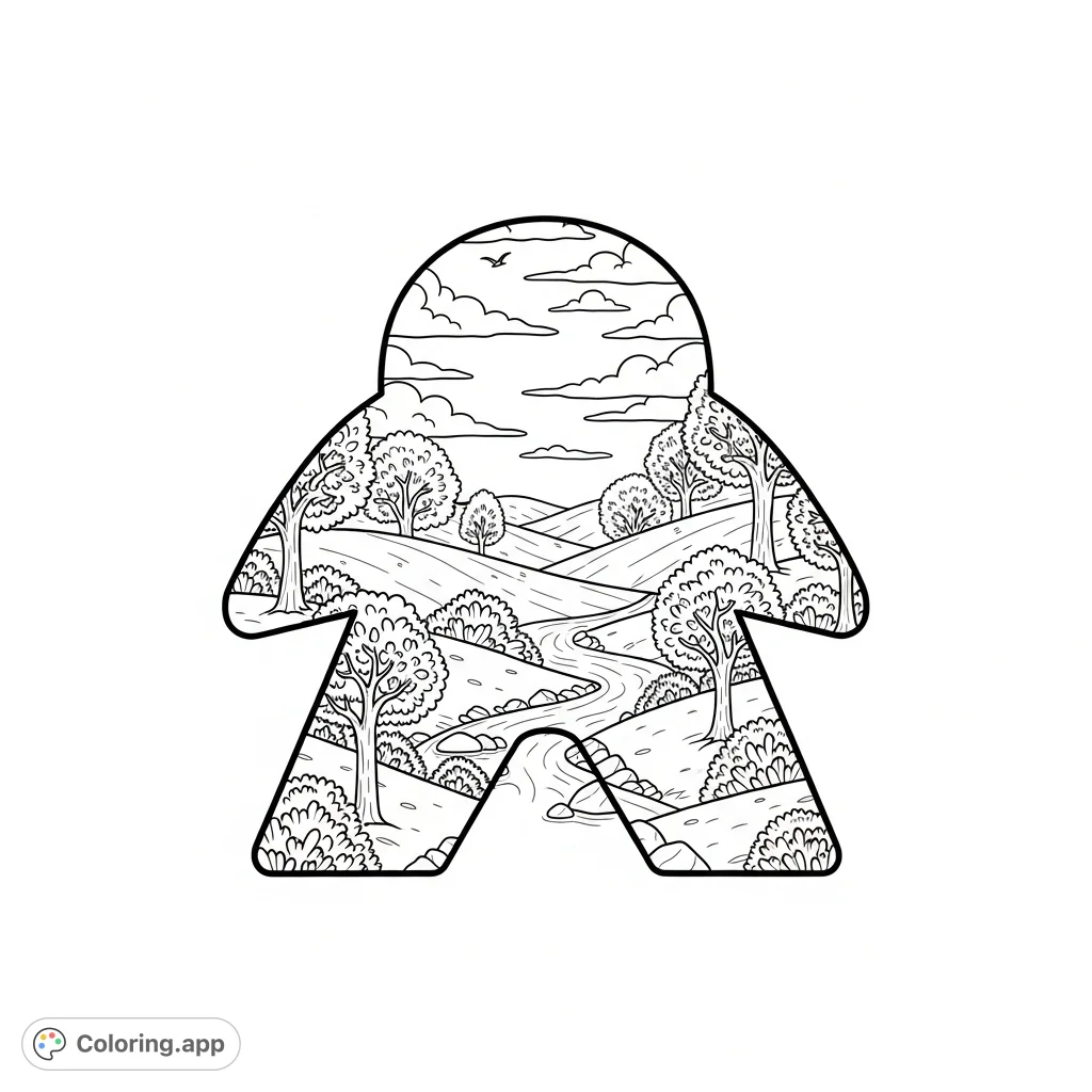 A charming meeple figure encompassing a serene miniature landscape, perfect for a tranquil coloring experience. Explore hills, trees, and a winding river.