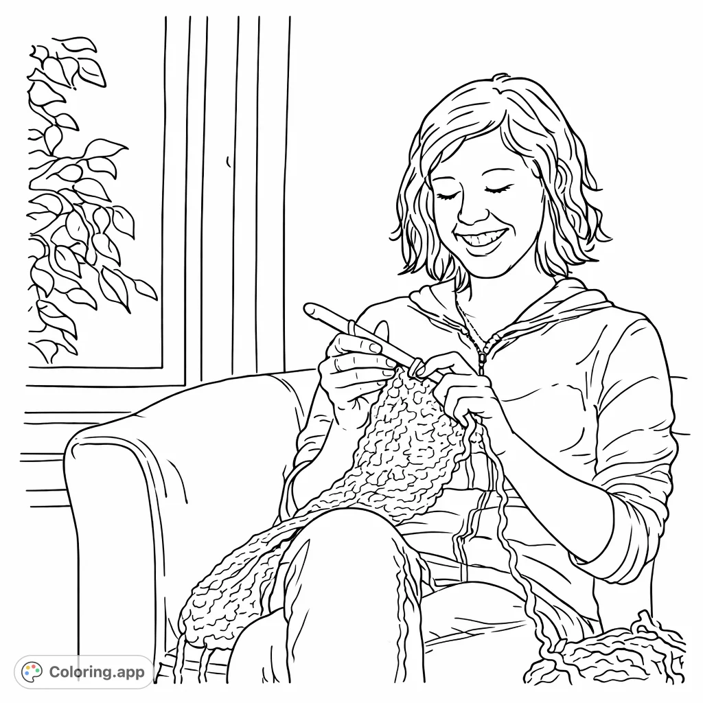 A delightful coloring page featuring a happy woman engrossed in crocheting. Perfect for crafters and anyone seeking a relaxing creative activity.