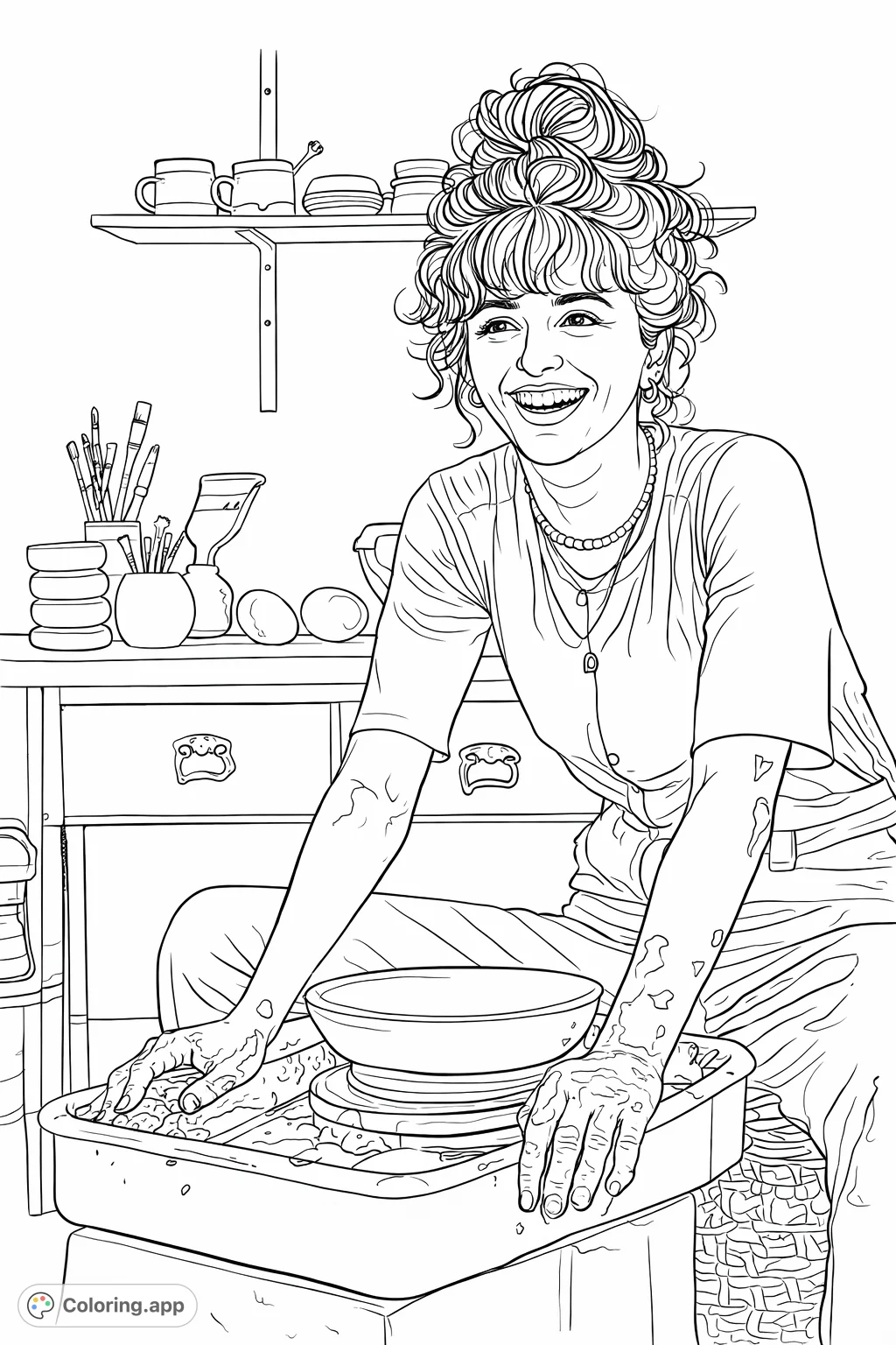 A vibrant pottery coloring page featuring a smiling artist, hands covered in clay, skillfully shaping a bowl on the wheel amidst a backdrop of tools and finished creations.