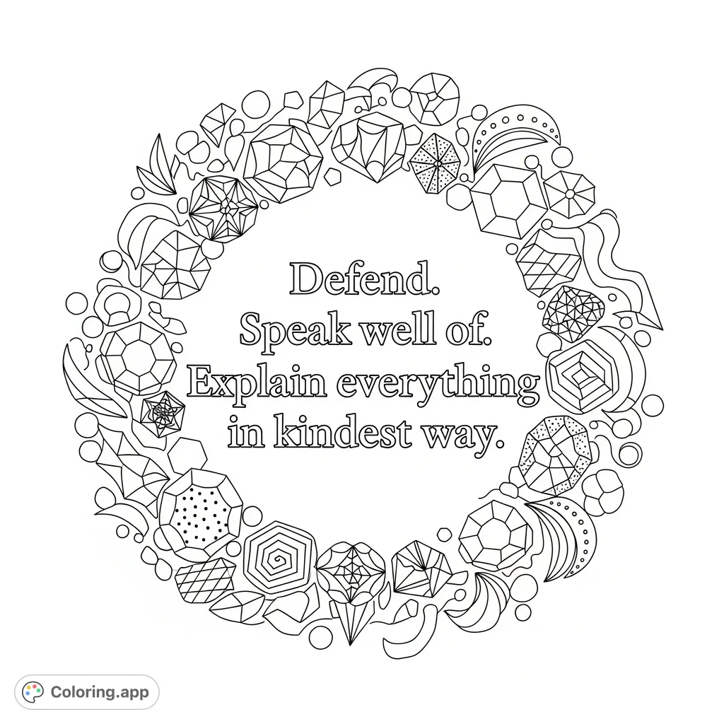 A beautiful quote about kindness and communication, framed by an intricate geometric design with diverse shapes and patterns, offering a mindful coloring experience.