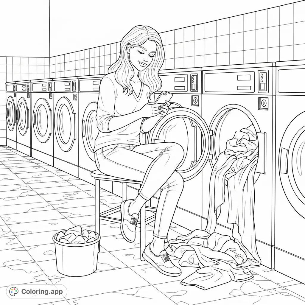 Capture a relatable moment of everyday life with this laundromat coloring page. A woman smiles, engrossed in her phone, surrounded by a mountain of laundry.