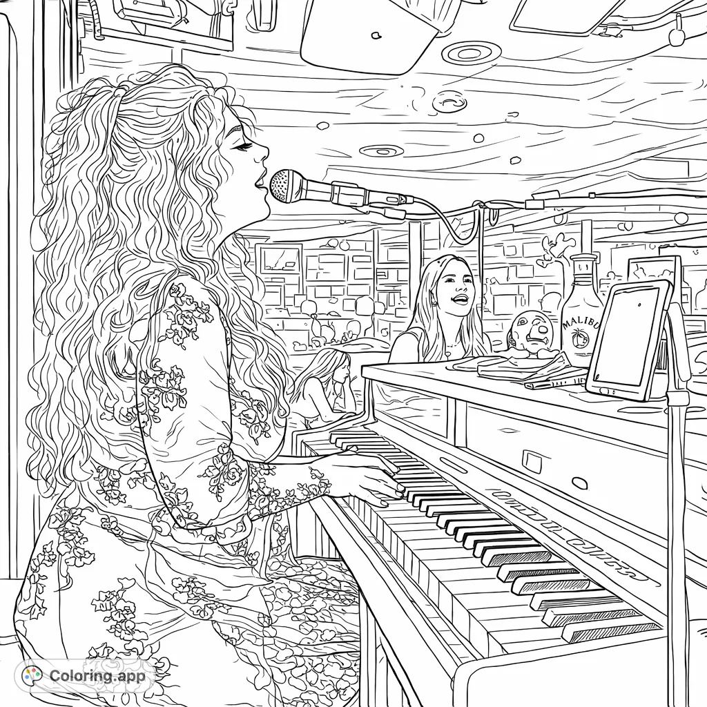 Capture the energy of a live music performance! This detailed coloring page features a singer at a digital piano in a vibrant lounge setting.