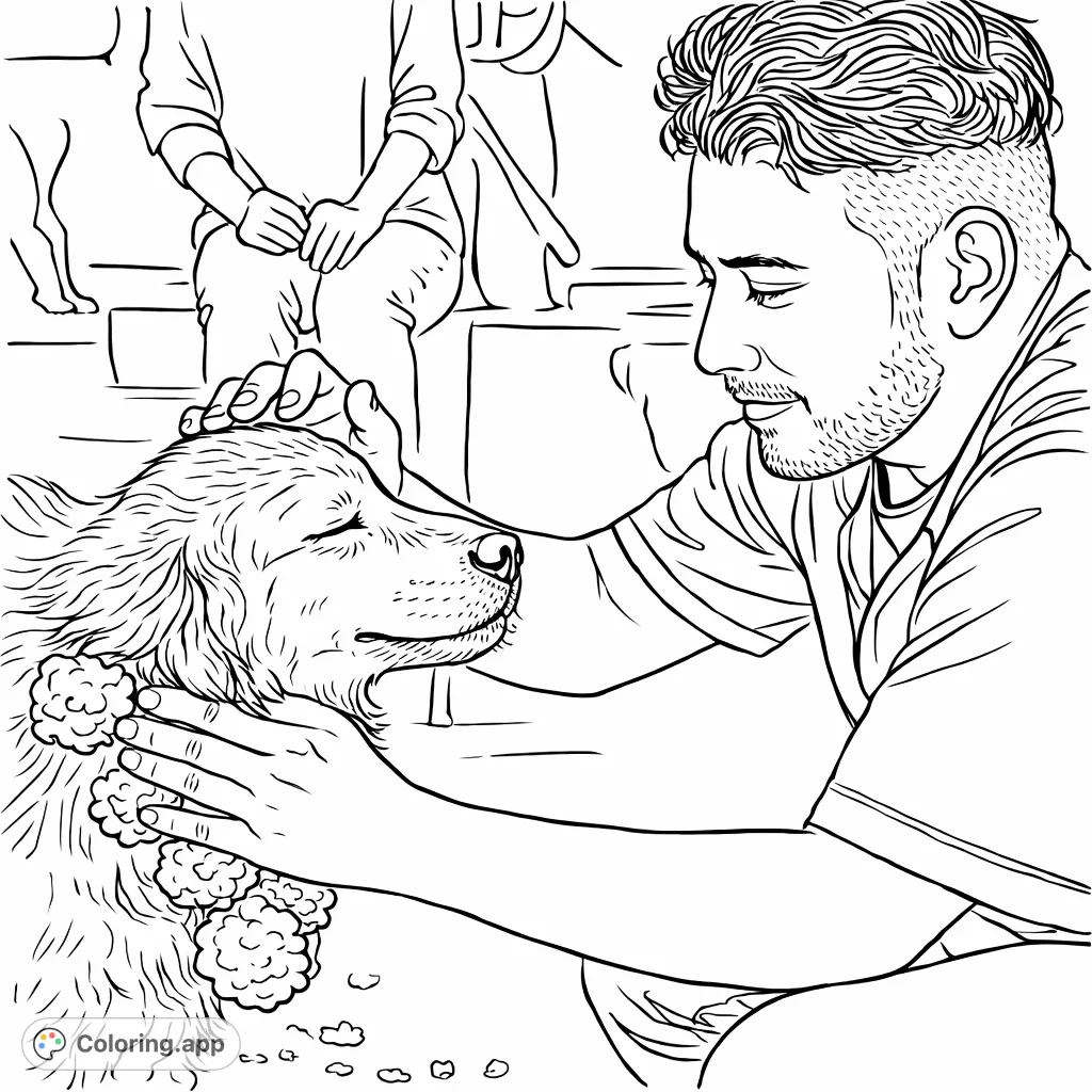Capture a heartwarming moment of a man gently interacting with a dog adorned with a floral garland. This animal bonding coloring page promotes empathy and calm.