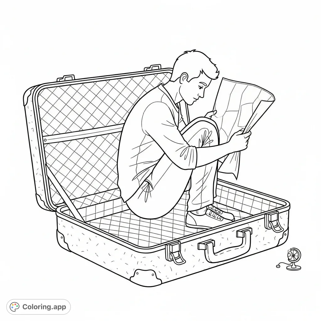 Discover a man humorously crammed inside an open suitcase, engrossed in a book or map. A unique and whimsical free printable coloring page.