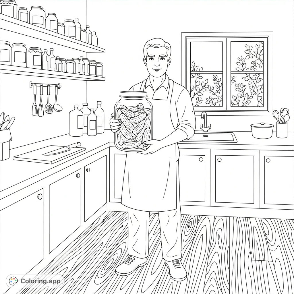 Explore a detailed kitchen scene featuring a man holding a pickle jar. A delightful, free printable kitchen coloring page for all ages to enjoy.