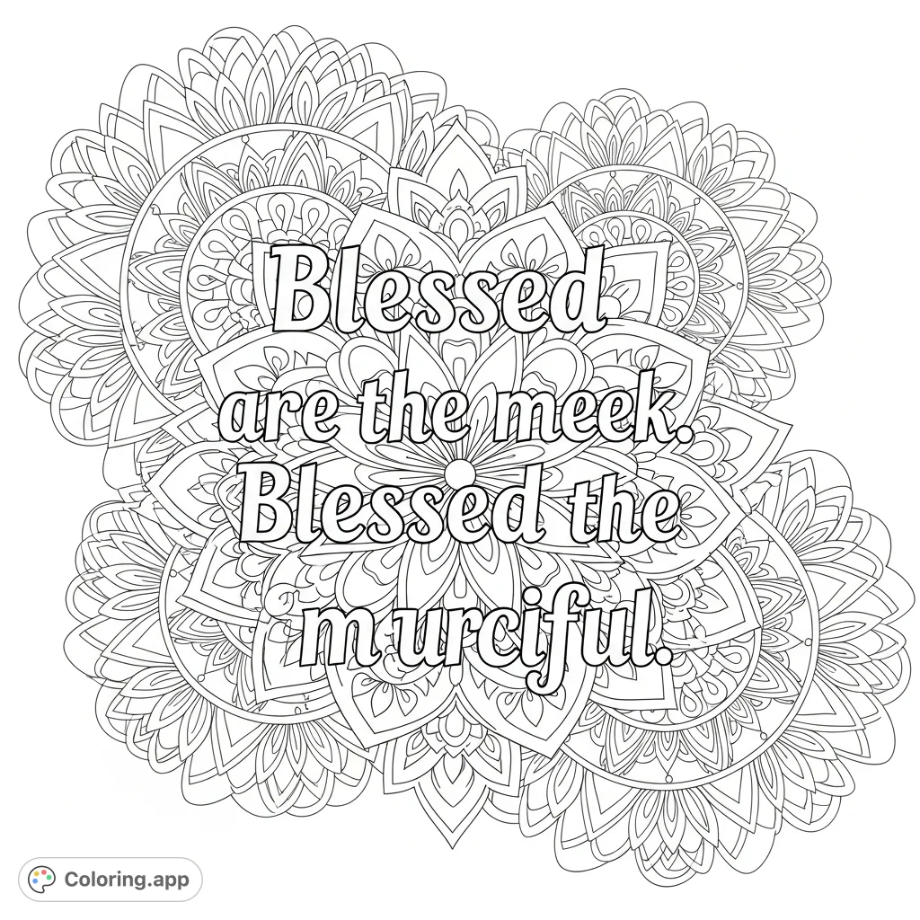 Discover a tranquil coloring page featuring the words "Blessed are the meek. " enveloped by intricate, layered mandala patterns.