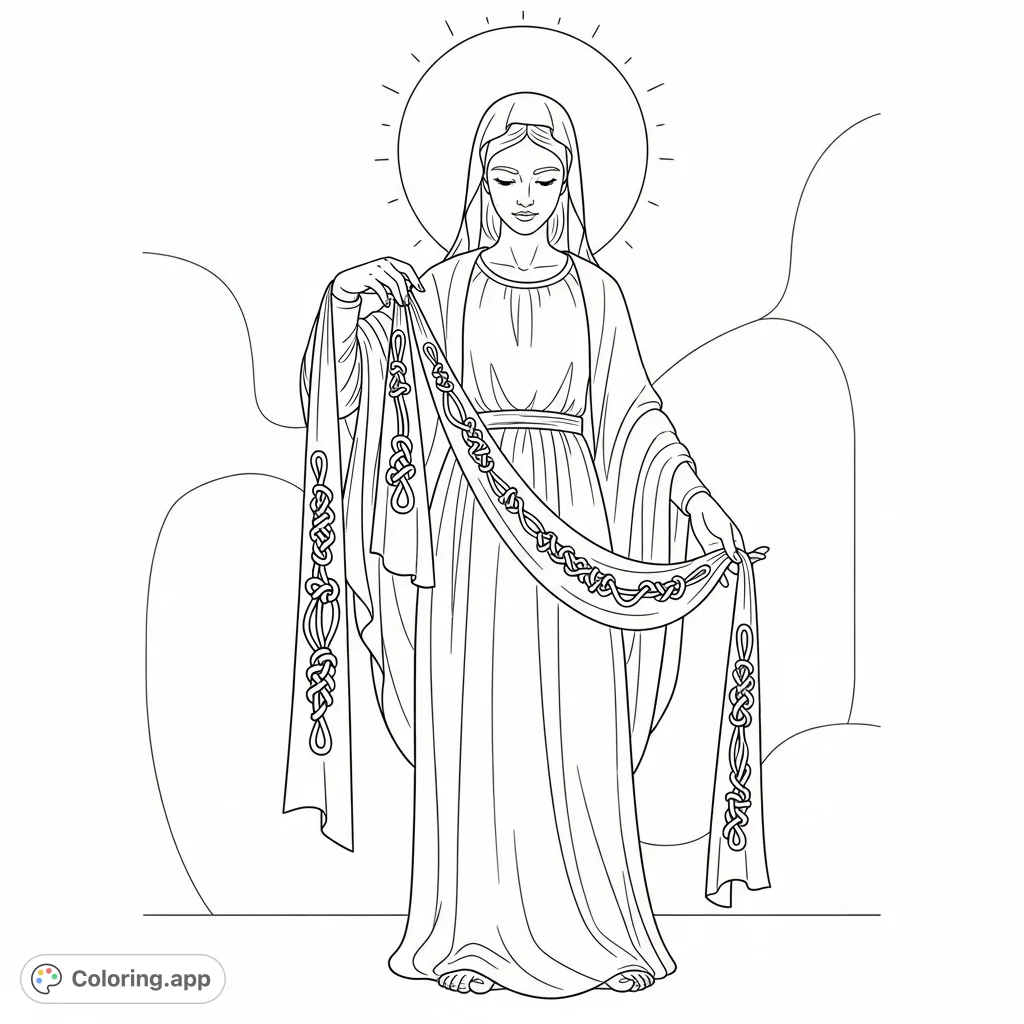 A modern depiction of Mary the Undoer of Knots, gracefully untangling intricate ribbons, radiating peace. Perfect for spiritual reflection and mindful coloring.