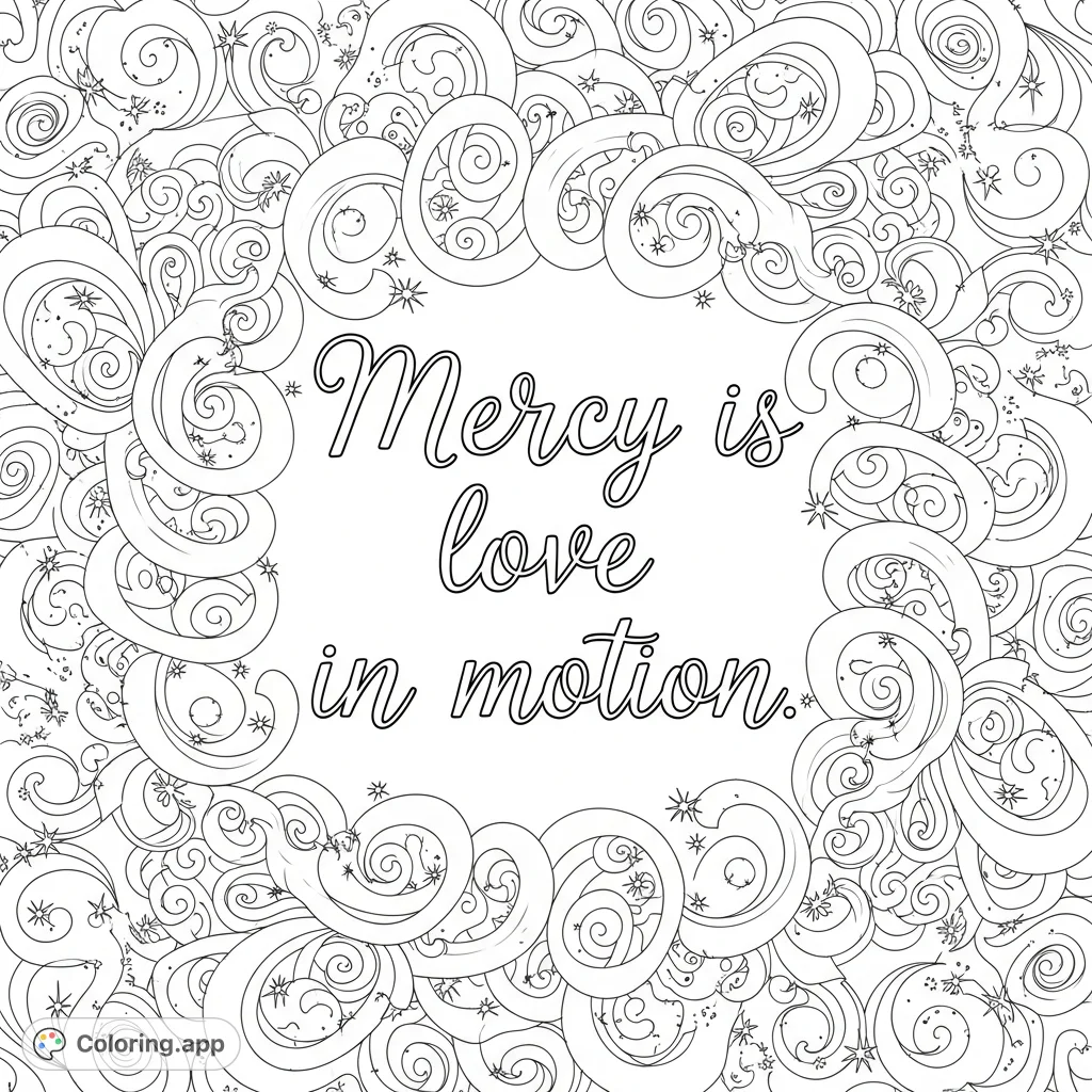 " coloring page. Features elegant typography surrounded by a complex network of dynamic, intertwining swirls and starbursts.