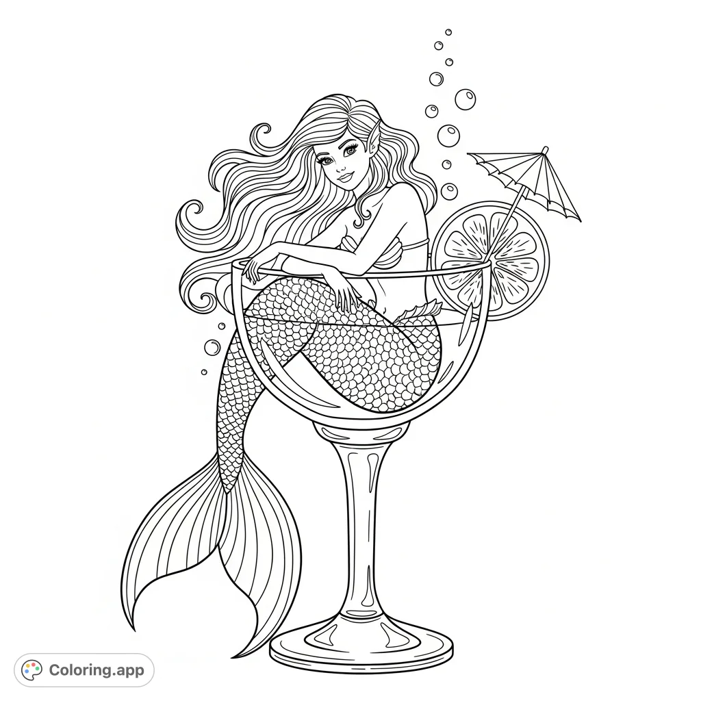 Explore a whimsical mermaid coloring page featuring a graceful mermaid nestled within a daiquiri glass, complete with a fruit slice and umbrella. A unique fantasy scene!