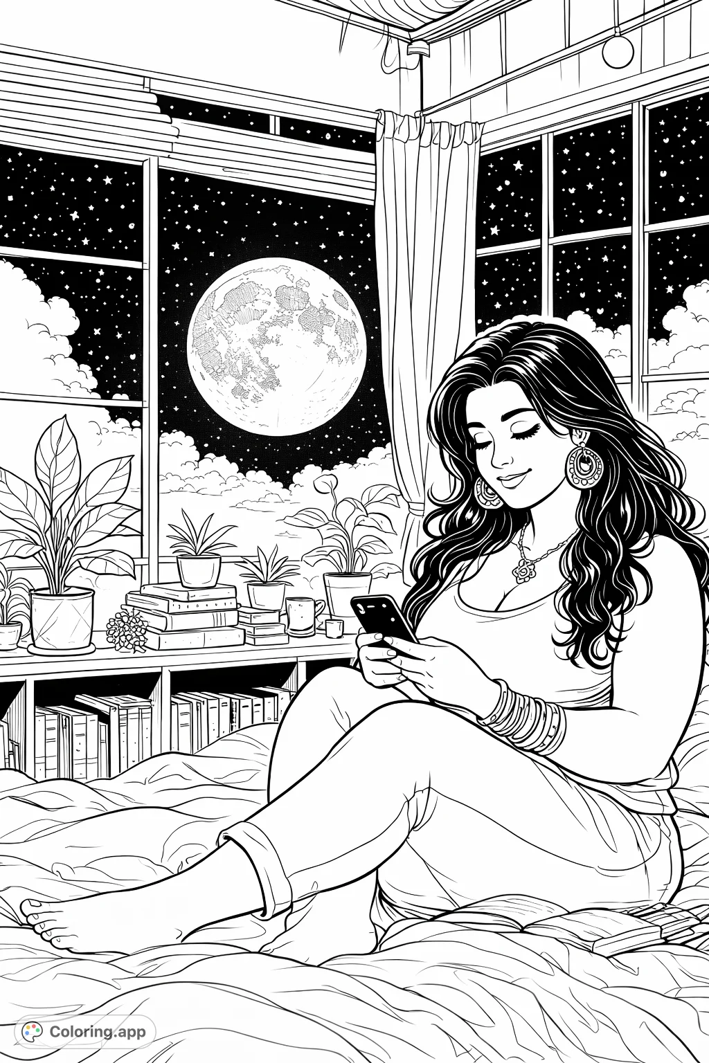 Cozy up with this beautiful coloring page featuring a woman relaxing on a bed, gazing at her phone under a luminous full moon and starry night sky. Detailed indoor plants and books add charm.