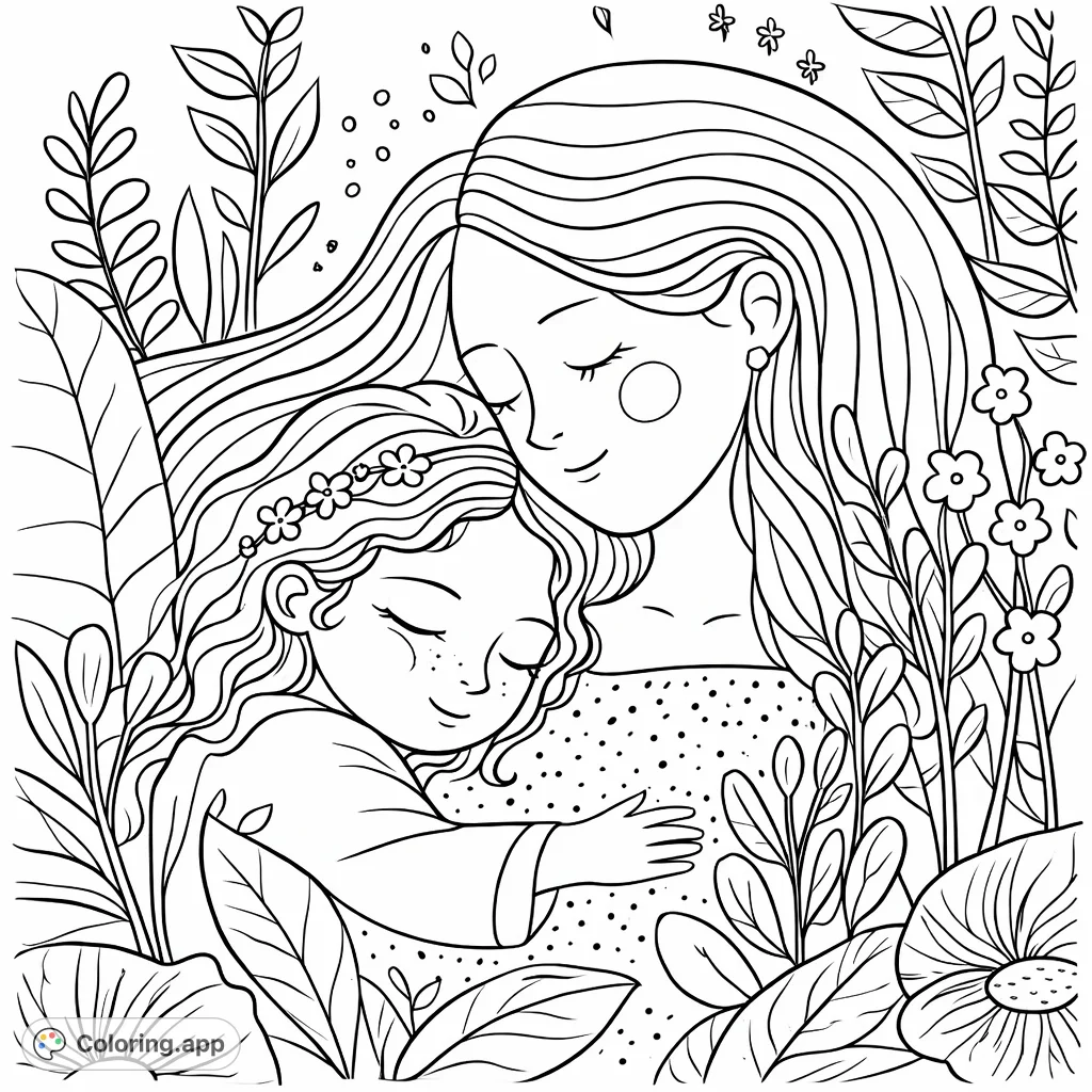 Capture the tender embrace of a mother and child surrounded by lush foliage. A heartwarming scene inviting personal expression through color.