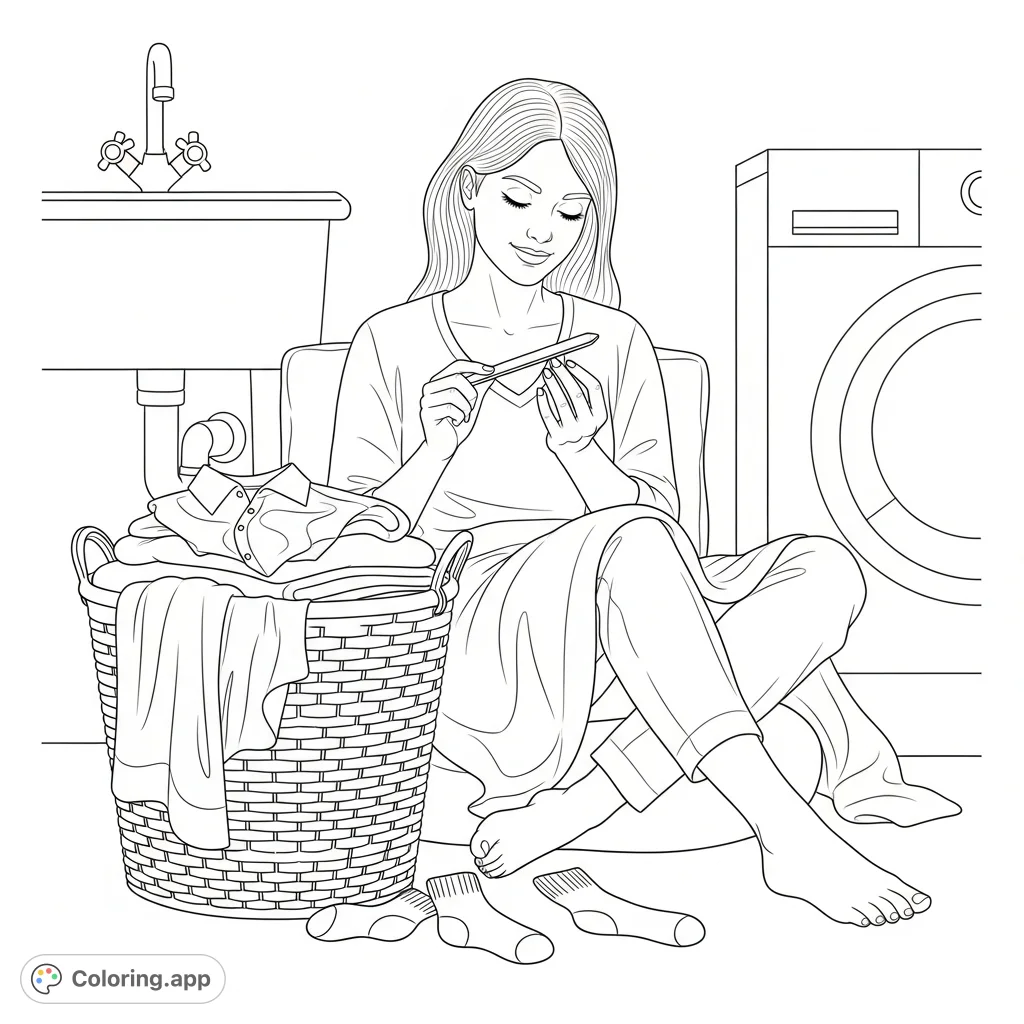 A woman enjoys a peaceful moment, filing her nails, while a brimming laundry basket waits nearby. A humorous and relatable scene for a relaxing coloring escape.