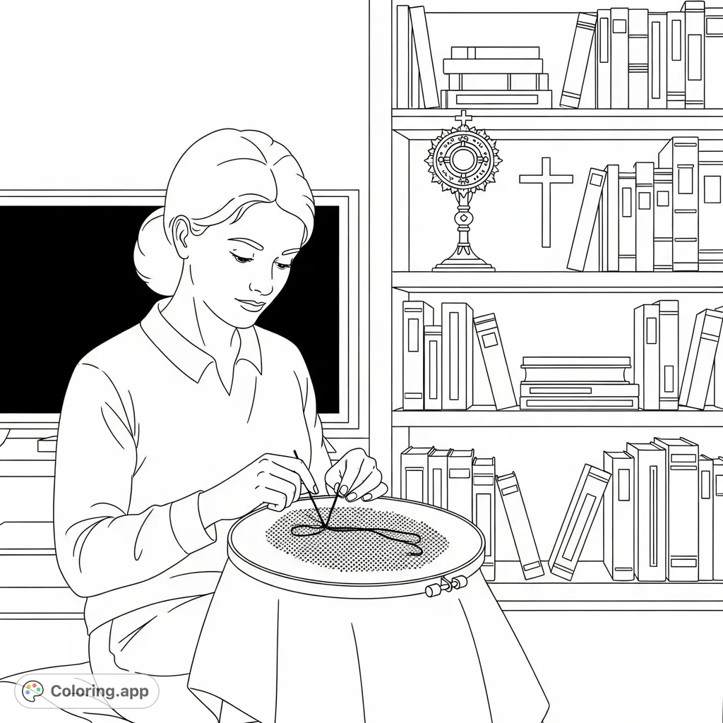 A serene scene of a woman focused on her needlepoint project in a cozy living space, featuring a tall bookshelf adorned with books, an ornate monstrance, and a classic cross.