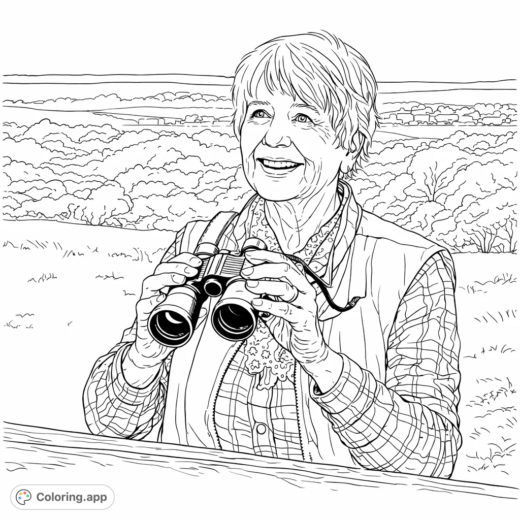 A cheerful woman explores the outdoors, holding binoculars with a wide smile, enjoying a panoramic landscape. Perfect for nature and adventure enthusiasts.