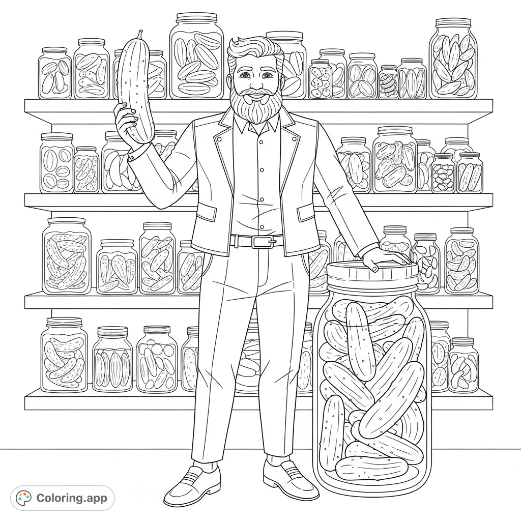 Discover a unique patron saint of pickles coloring page! A jovial figure in modern attire, surrounded by jars, ready for your creative touch.