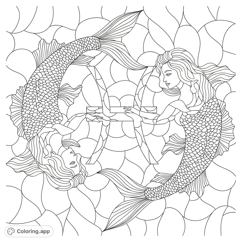 Dive into a serene Pisces stained glass coloring page featuring graceful women intertwined with fish, symbolizing unity and cosmic flow. Perfect for all ages.
