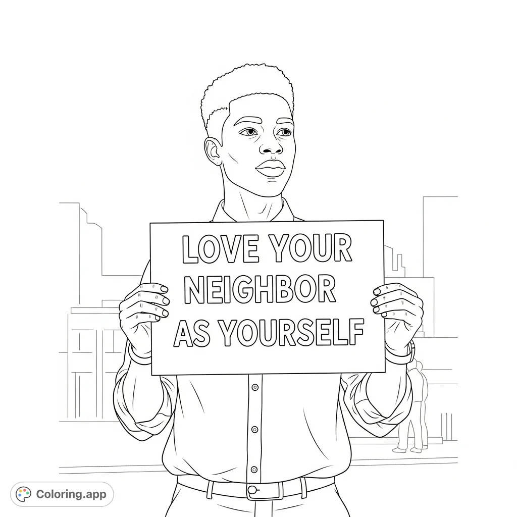 A millennial Black man holds a powerful protest sign stating "Love your neighbor as yourself" in an urban setting, inspiring reflection and peace.