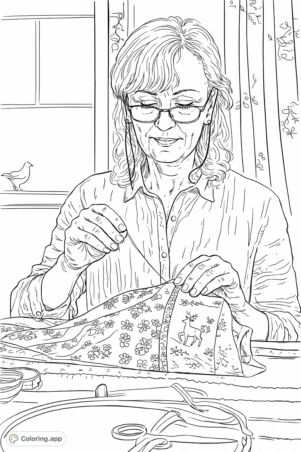 A serene woman focusing on her intricate quilting project, surrounded by the comfort of her crafting space. Perfect for art lovers and those who appreciate handmade crafts.