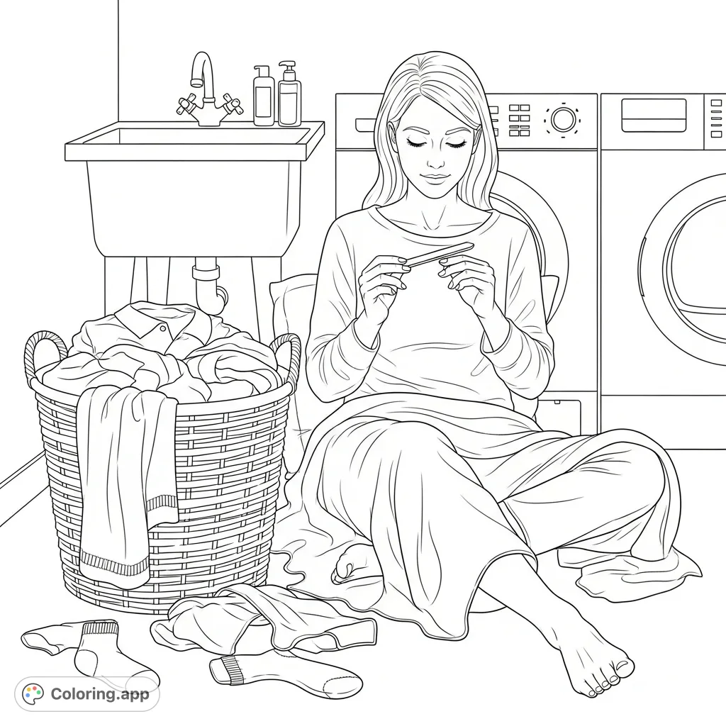 Discover a tranquil moment of self-care amidst daily chores. This detailed scene features a woman filing her nails beside an overflowing laundry basket.