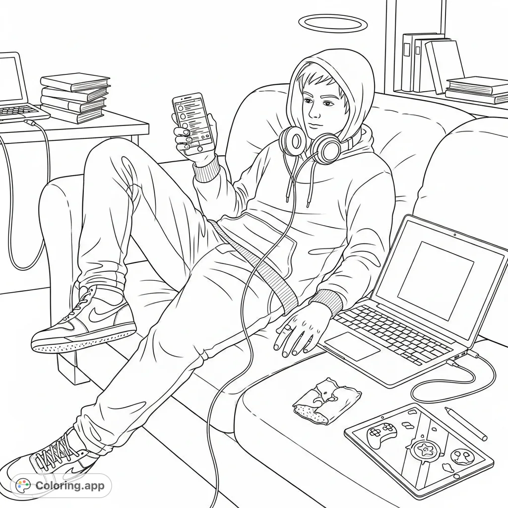 A humorous portrait of the patron saint of procrastination, lounging amidst modern tech gadgets and casual wear. Perfect for a relatable, engaging coloring session.