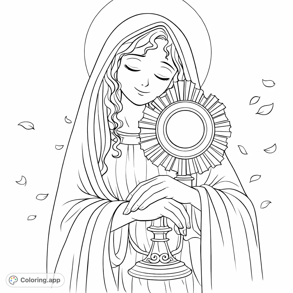 A serene figure with a gentle smile, holding an ornate monstrance, surrounded by a radiant halo and floating shapes. A peaceful and spiritual scene.