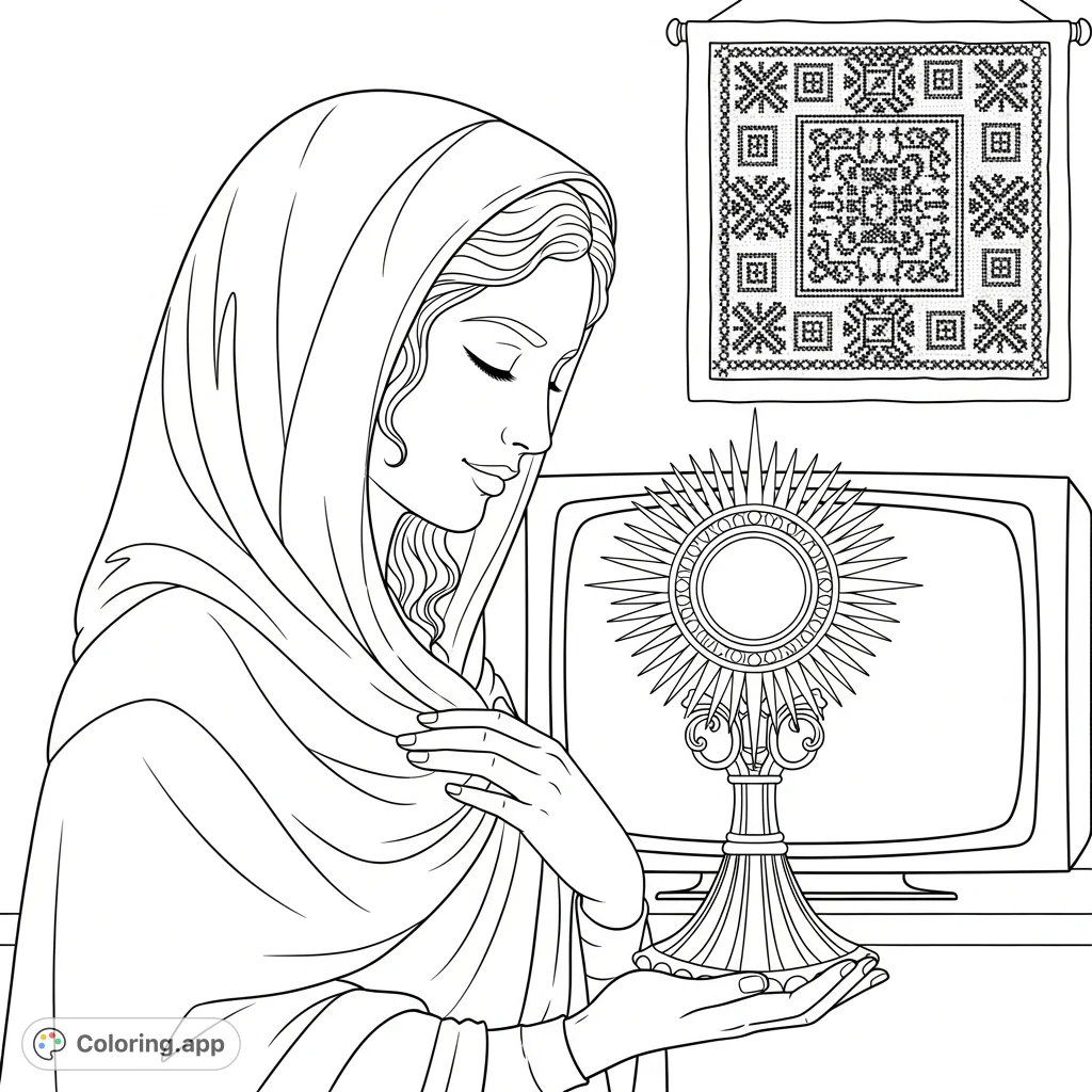 A serene female figure gently clasps an ornate monstrance-like object, draped in a flowing garment, with a television and needlepoint in the background.