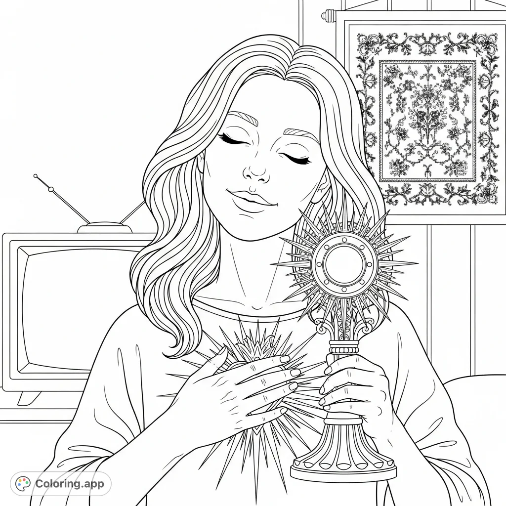 A serene female figure holds an ornate, radiating object, her wavy hair cascading as she smiles gently. Detailed needlepoint adorns the background wall.