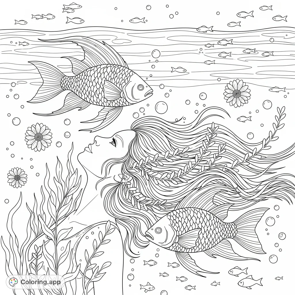 Immerse yourself in a serene underwater world. A graceful woman, flowing hair adorned with plants, floats alongside ornate fish, delicate flowers, and numerous bubbles.