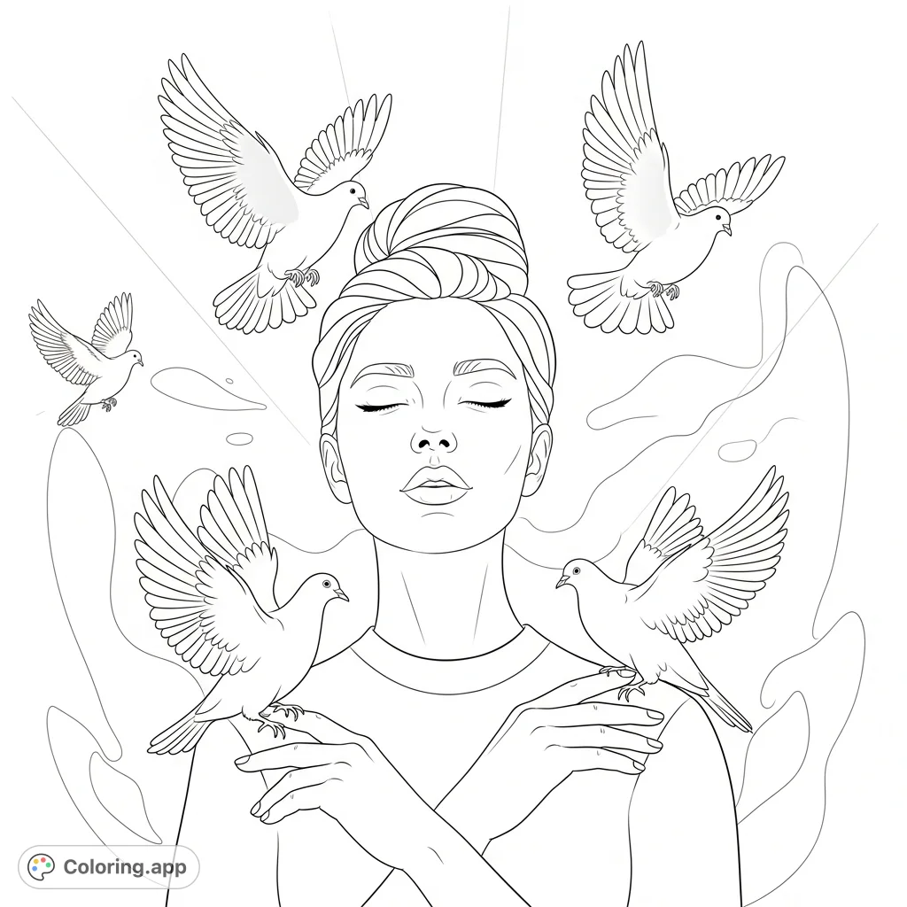 A tranquil contemporary woman with open eyes, surrounded by graceful doves in a mystical setting. A peaceful portrait, perfect for mindful coloring.