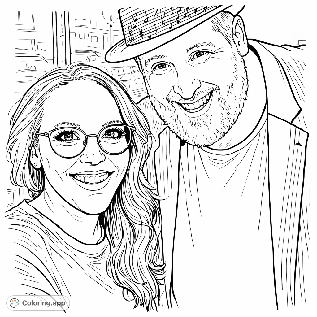 Capture the joyful expressions of a smiling couple in this delightful portrait coloring page, featuring detailed glasses, a fedora, and a textured beard.
