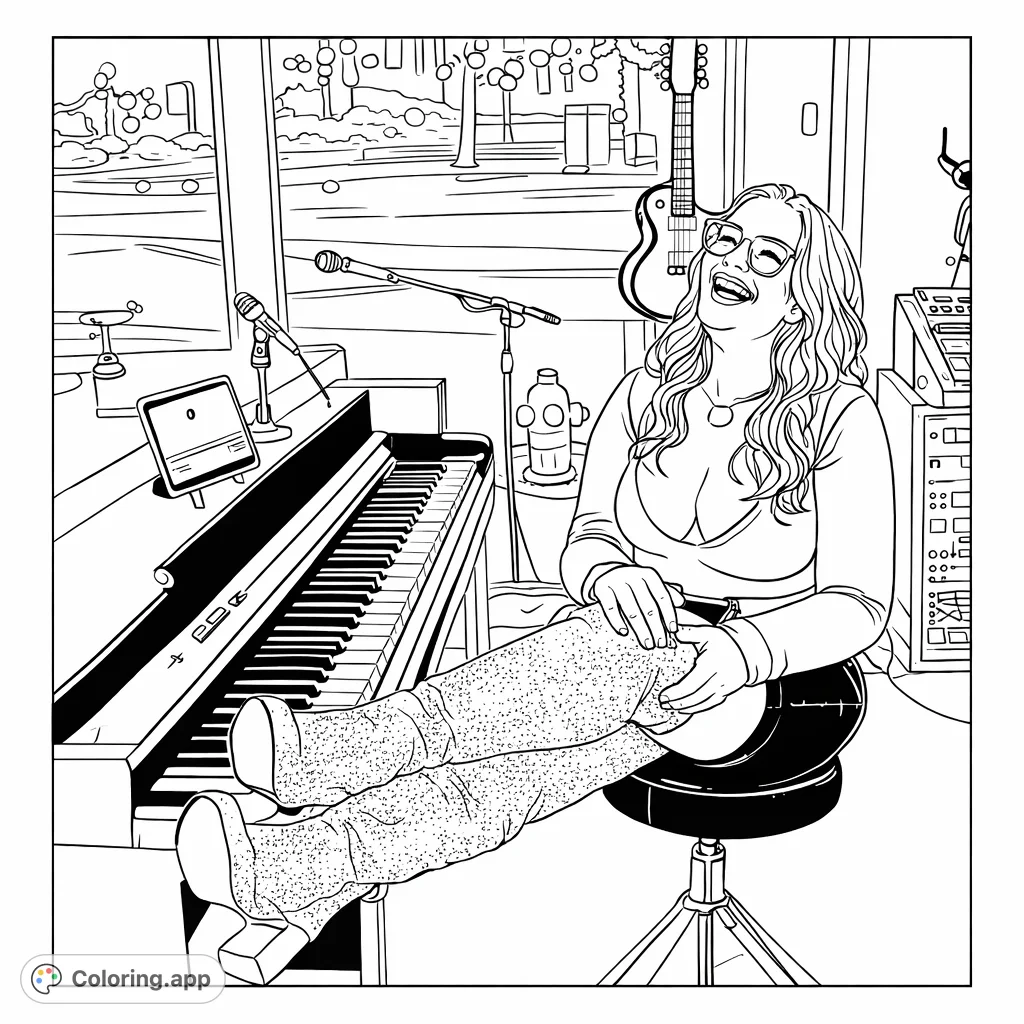 A vibrant musical performer smiles brightly, seated at a grand piano with dazzling, textured boots and studio equipment. A unique free printable coloring page.