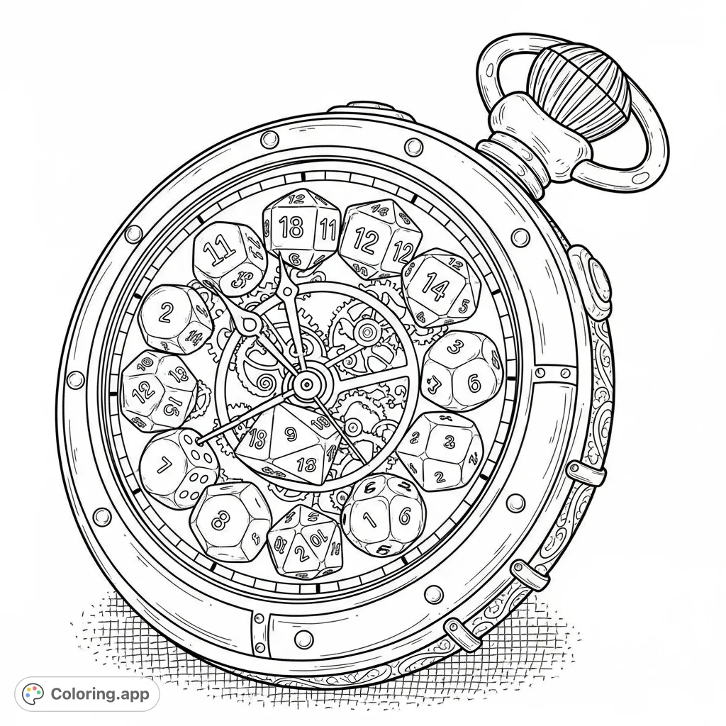 Unleash your creativity with this intricate steampunk pocket watch coloring page, featuring gears, rivets, and unique dice hour markers. A fantastic challenge!