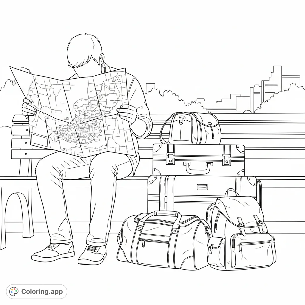 Explore the journey of a solitary traveler with this detailed coloring page featuring a man, his luggage, and an intricate map. Perfect for travel enthusiasts!