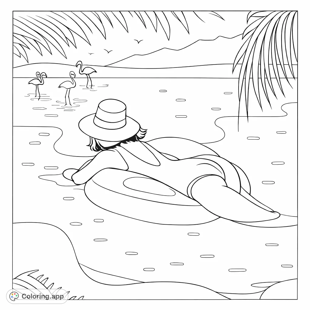 A serene tropical escape featuring a person relaxing on an inflatable ring amidst tranquil waters, framed by palm fronds and distant mountains. Perfect for unwinding.