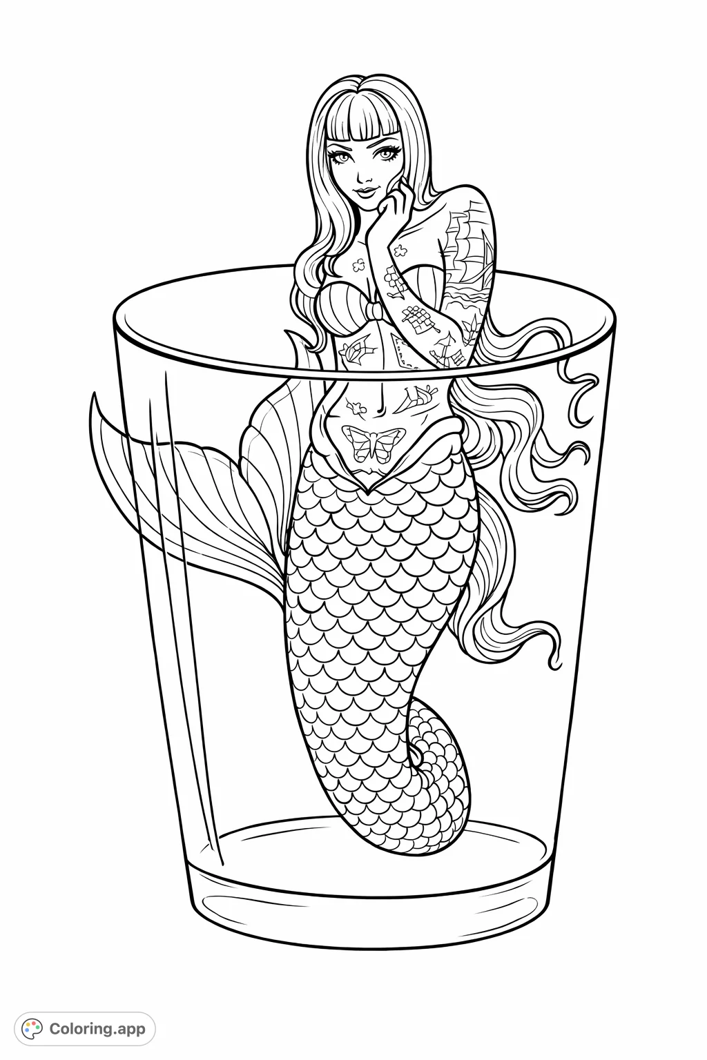Dive into creativity with this vintage-inspired mermaid in a glass. Featuring detailed scales, flowing hair, unique tattoos, and a classic pinup aesthetic.