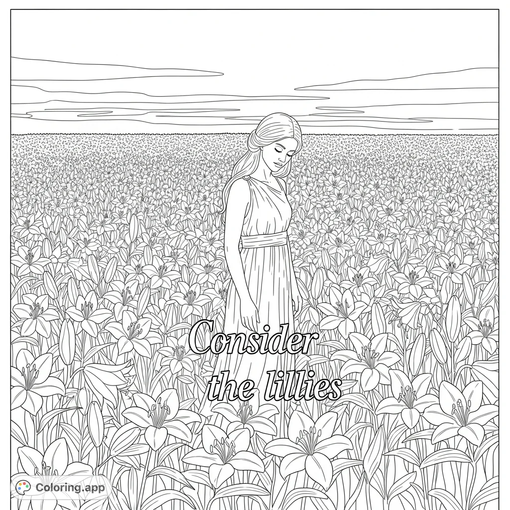 A serene woman stands in a vast field of elegant Lillies, accompanied by the reflective phrase “Consider the lillies”. A peaceful nature scene for all ages.