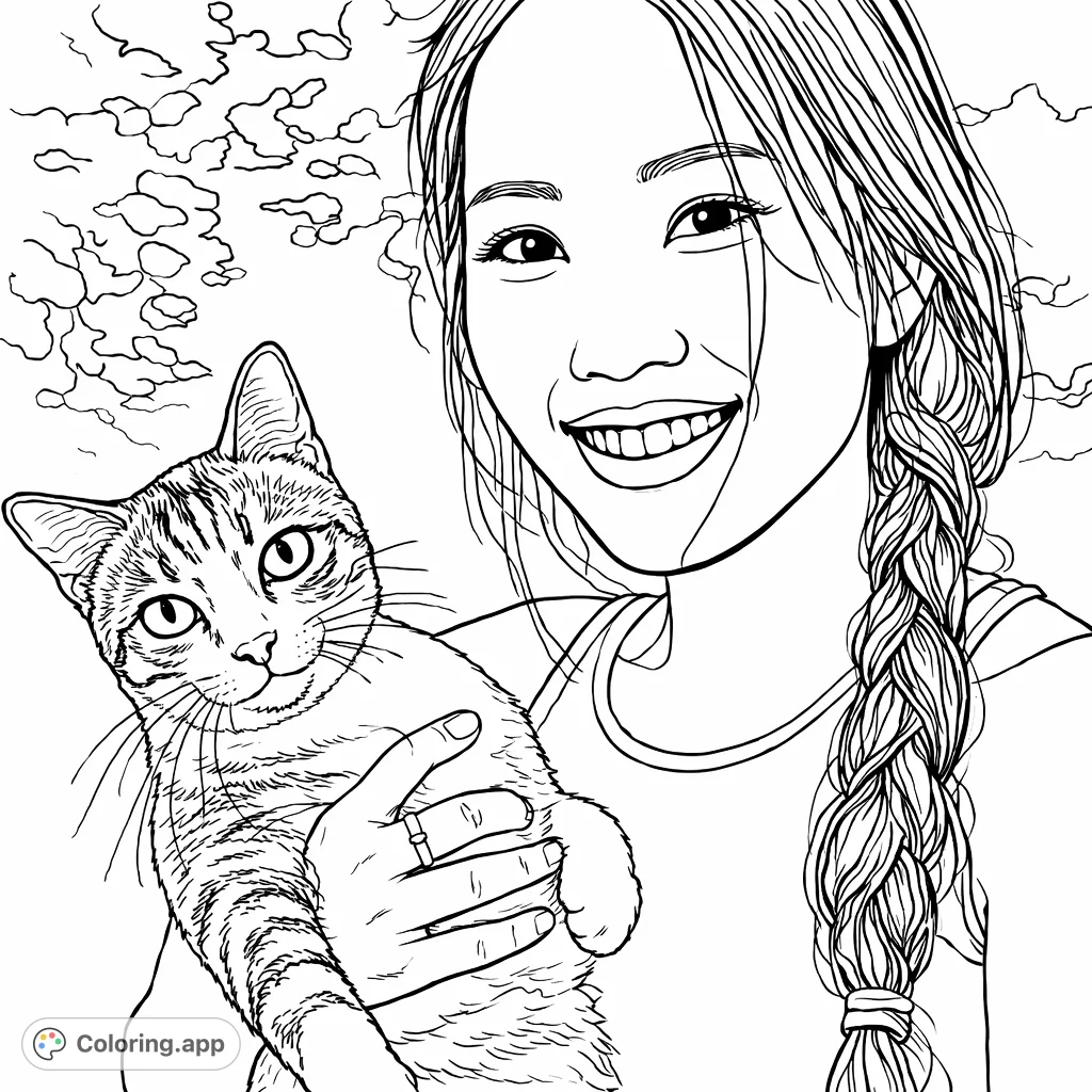 A heartwarming portrait of a smiling woman embracing her beloved striped cat, offering a cozy and detailed scene for coloring.